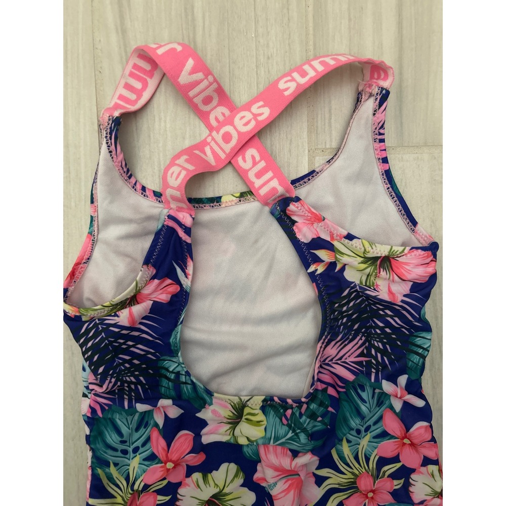 Girls Tropical Floral One Piece Swimsuit Summer Vibes Pink Crossback Navy Pink - Picture 3 of 4